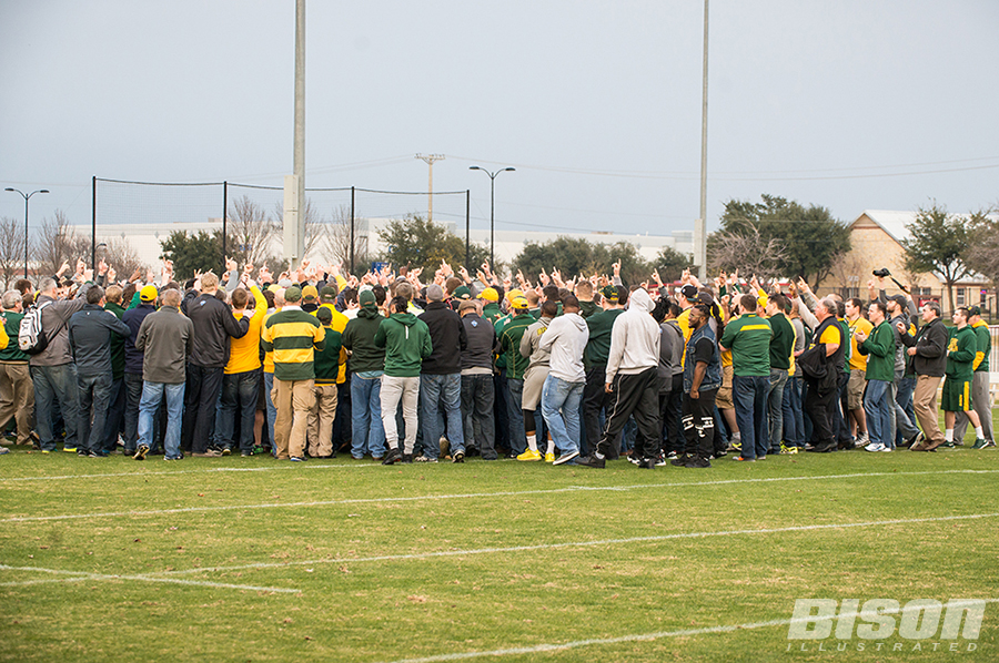 NDSU football players past and present meet before the FCS championship game in Frisco