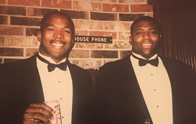 Snuffy Byers and Mike Favor at the senior football banquet in 1989.