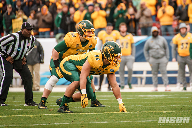 NDSU Bison defensive end Greg Menard gets readyu for a pass rush against Jacksonville State in FCS Championship game