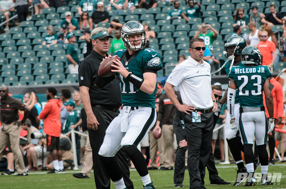 Carson Wentz drops back to pass in warm ups before his first game as a Philadelphia Eagles